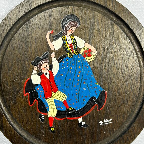 Vintage Handgemalt German Folk Art hand painted wood plaque plate Swiss made - Picture 5 of 7